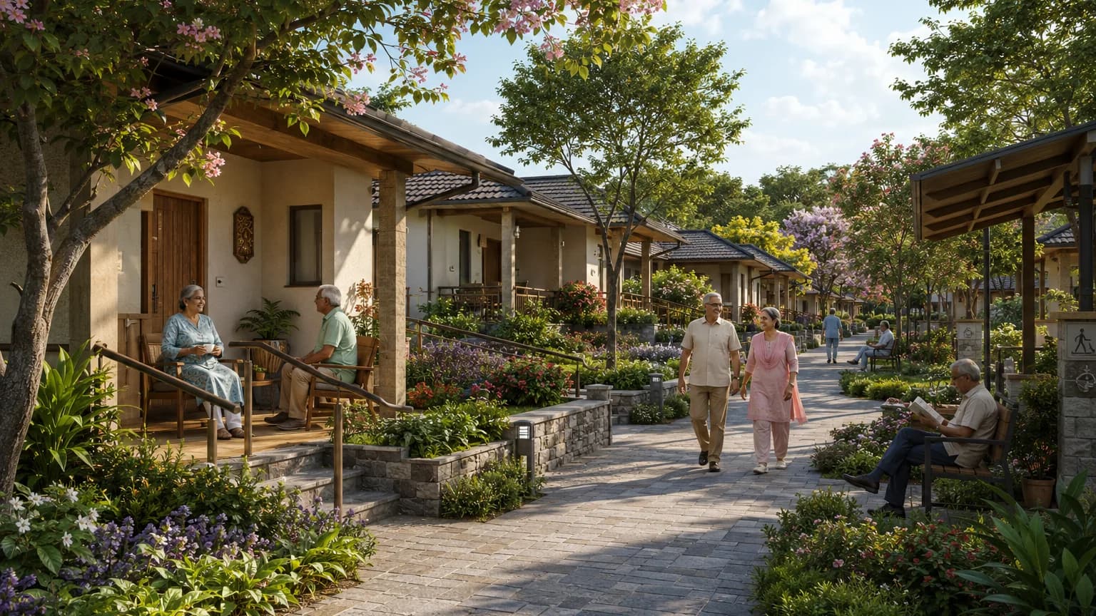 Illustrative concept of walkable studio residences and shared spaces designed for everyday independence.
