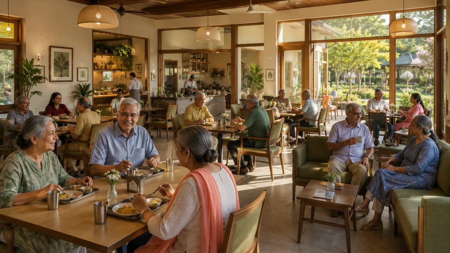 Illustrative concept of shared meals in a welcoming community dining space.