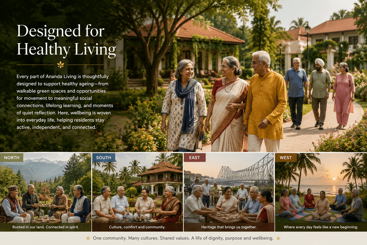 Illustrative concept of older adults from across India walking and talking together in a landscaped Ananda Living community.