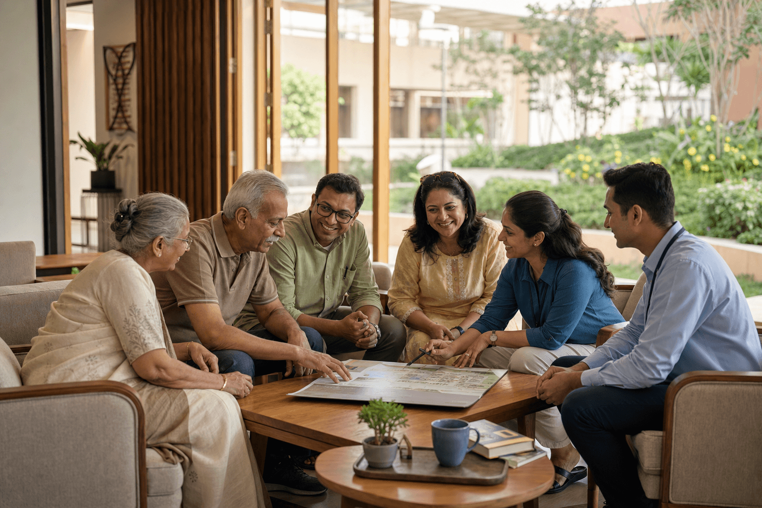 Illustrative concept of residents, family members, and Ananda Living team members reviewing a community plan together in a warm shared lounge.